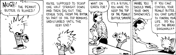 Calvin and Hobbes describing how to eat peanut butter